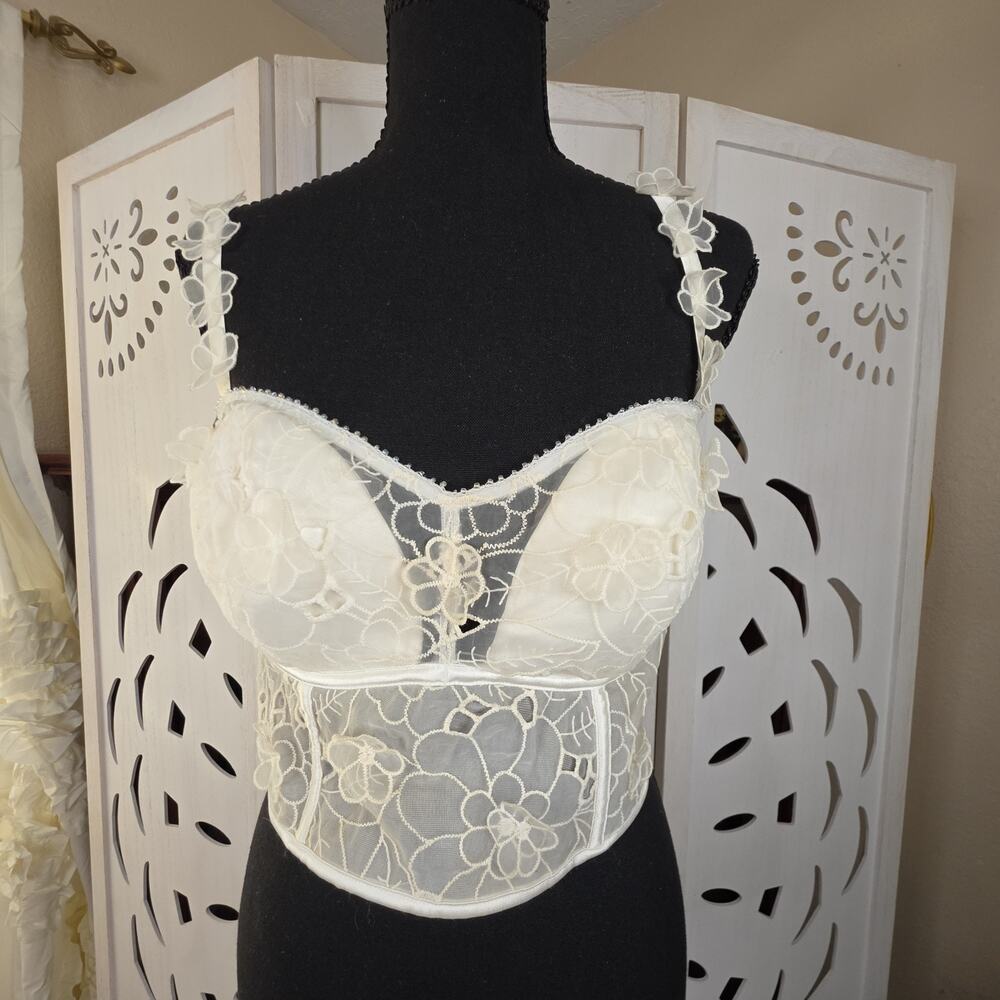 VICTORIA SECRET'S Floral Lace Corset Crop Zip Top Dream Angels Ivory Bra SZ 38C